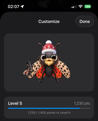 The Customize screen showing a cartoon lanternfly avatar wearing a knit hat and glasses, with a level progress bar.