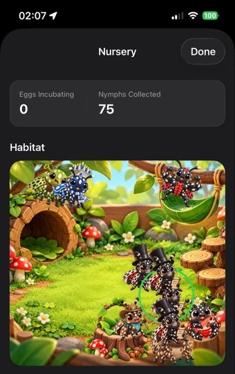 The Nursery screen showing a cartoon habitat filled with collected nymph companions.
